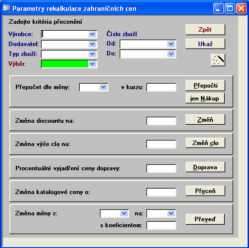 30 Title of this help project Ovládací prvky karty zavře okno parametry rekalkulace zahraničních cen zobrazí stav vybraného zboží konfigurace práce se zahraničními měnami 1.13.