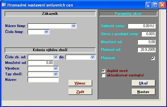 Modul Zboží 37 Ovládací prvky karty potvrzení zobrazení smluvní ceny dle zadaných výběrových kritérií vymaže formulář výběru do původního stavu zavře okno parametry výběru smluvních cen 1.15.