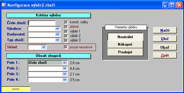 50 Title of this help project 1.19.19 Výběry zboží Nastavení výběru zboží dle zvolených kritérií výběru, obsahu sloupců a variant výběru. Ovládací prvky karty NAČTI ULOŽ UKAŽ ZPĚT 1.