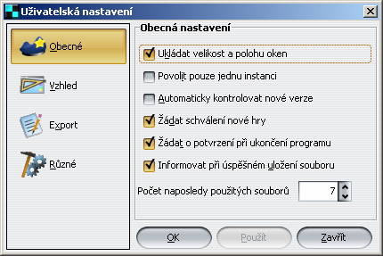 Uživatelská příručka Volby nastavení Tlačítka pro přepínání záložek Obr. 18 Dialog uživatelských nastavení Změnu volby nastavení lze aplikovat stiskem tlačítka Použít.