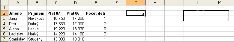 MS EXCEL FUNKCE 2 Funkce 2 (6): Do buňky G2 vložíme vzorec =DPOČET2(A2:E7;C2;J2:K3).