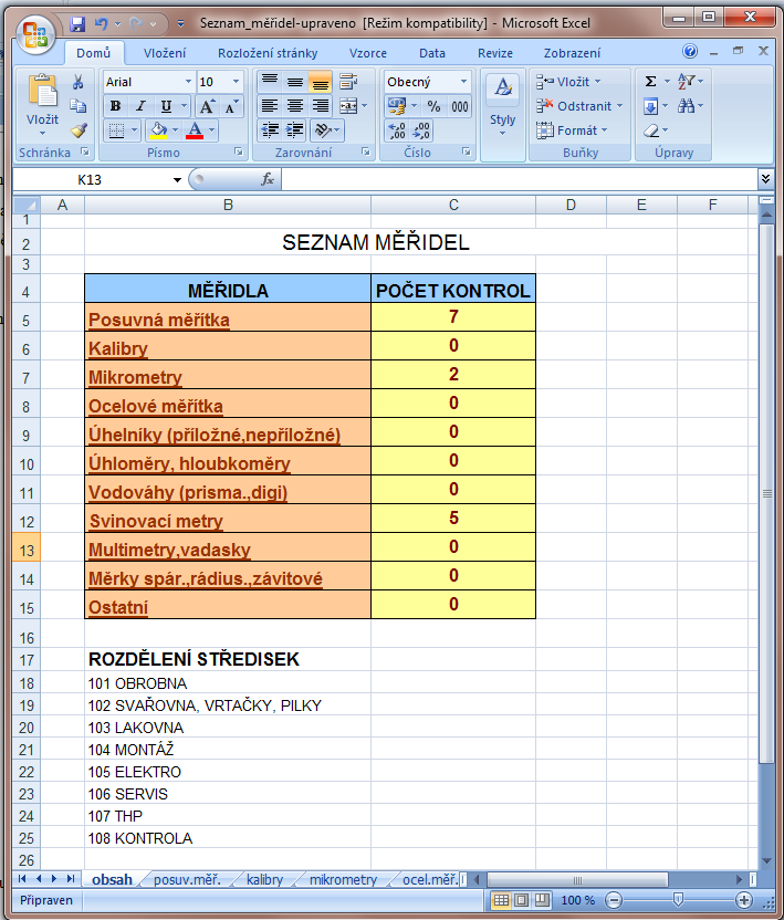 UTB ve Zlíně, Fakulta technologická 41 Obr. 14. List - obsah Listy seznamu měřidel Listy 2 aţ 12 obsahují samotný seznam měřidel.