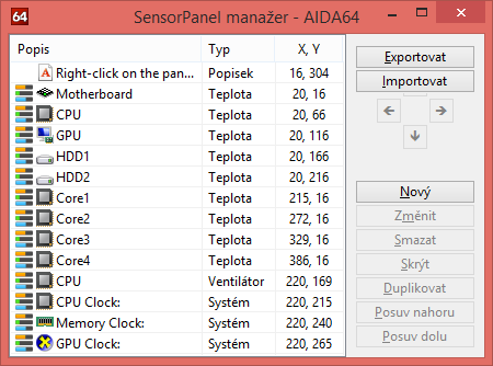 Nastavení 2.10.6.1 SenzorPanel manažer Kliknutám pravého tlačítka myši na SenzorPanel se zobrazí kontextová nabídka, odkud můžeme otevřít Správce SenzorPanelu.