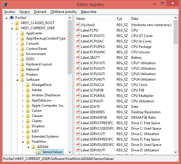 Nastavení Povolit zápis hodnot snímače do registru Pokud jsme se rozhodli sdílet hodnoty senzorů s externími aplikacemi pomocí registru systému Windows, budou hodnoty senzorů zapsány v následující