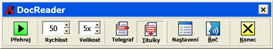 DocReader (pokračování) Lišta nástrojů DocReaderu obsahuje nástroje pro ovládání utility a zpřístupňuje nastavení vzhledu textu a jeho zvýrazňování.