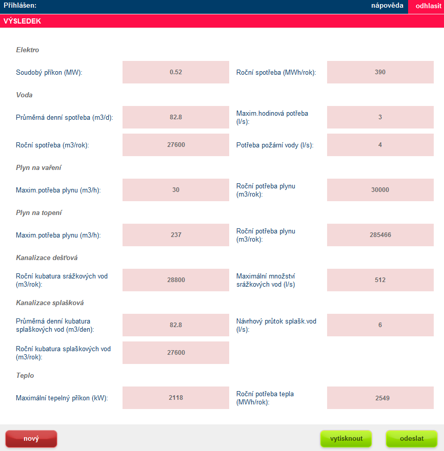 Výstupní formulář: Programem vypočtené hodnoty neřeší napojení území na jednotlivé energie, ani nezaručují, že