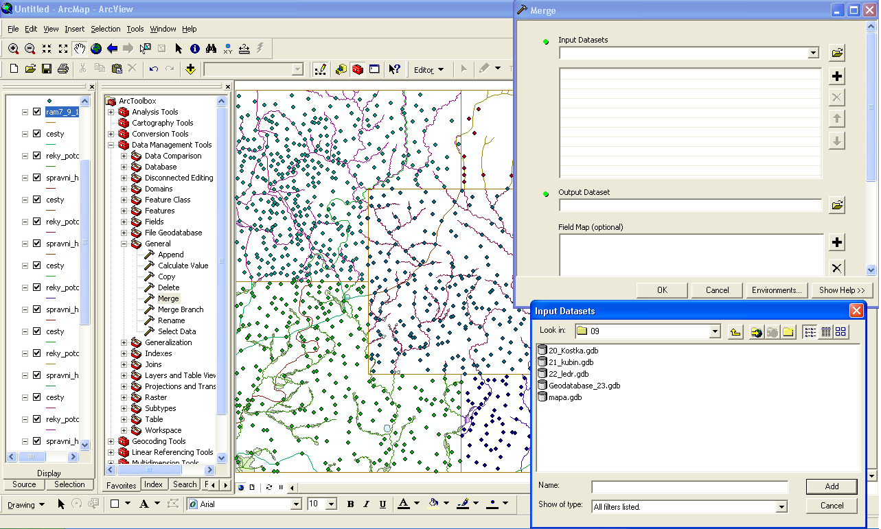 2. VLASTNÍ PRÁCE Obr. 2.6: Funkce pro spojení dílčích geodatabází, zdroj:vlastní studenti nedokončili tento předmět, a proto tuto úlohu ani neodevzdali.