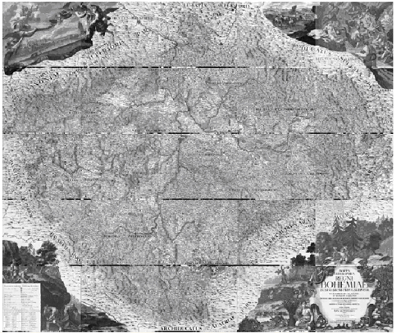 2. VLASTNÍ PRÁCE nelze zvektorizovat lépe než s touto přesností. Obr. 2.8: Spojená celková Müllerova mapa z jednotlivých rastrů, zdroj:vlastní Jak je vidět z printscreenu celé Müllerovy mapy (obr. 2.8), hranice mezi jednotlivými mapovými listy jsou jasně identifikovány.