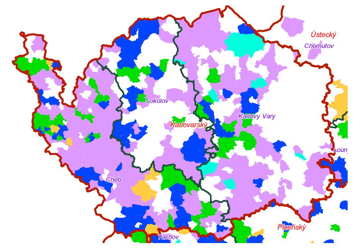 Mapa č. 26: Stav pozemkových úprav v Karlovarském kraji v roce 2014 zelená: zahájená KPÚ modrá: ukončená KPÚ žlutá: KPÚ k zahájení světle modrá: zahájená JPÚ růžová: ukončená JPÚ Zdroje: http://eagri.
