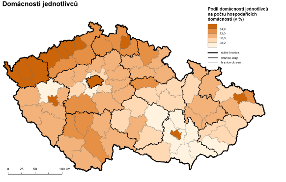 Mapa č. 6: Podíl domácností jednotlivců na počtu hospodařících domácností Zdroj: http://www.czso.cz/csu/tz.nsf/i/jake_je_slozeni_domacnosti_v_cr20130307,