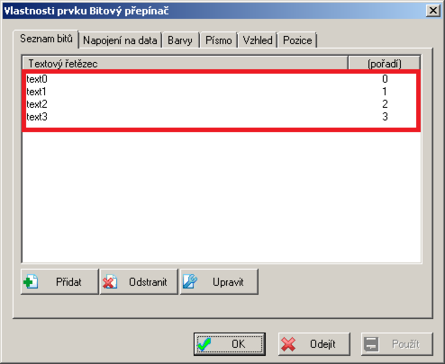 Seznam bitů - v této kartě se definuje počet tlačítek a popisky jednotlivých tlačítek. Kolik je textů, tolik je tlačítek.
