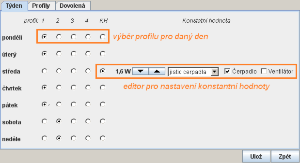 Stavový panel v režimu Manuál Nastavení kalendáře - panel vlastností Panel vlastností je skupina prvků, které nastavují vlastní data kalendáře nutná pro režim Automat - tedy data, která určují jaký