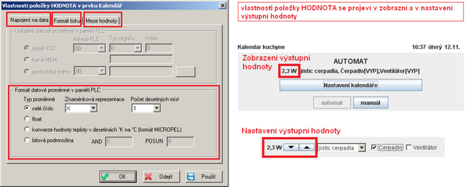 prvek Cal2. Pro ovládání kalendáře pomocí displeje a klávesnice automatu je třeba použít prvek Cal2 Menu a napojit jej na vlastní prvek kalendáře typu Cal2.