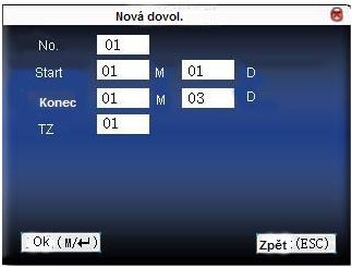 Po navolení varianty dovolené v následující ikoně volíme mezi Edit, Nový, Smazat: Pokud stiskneme objeví se opět menu: Po navolení varianty Nový: Zde standardním způsobem