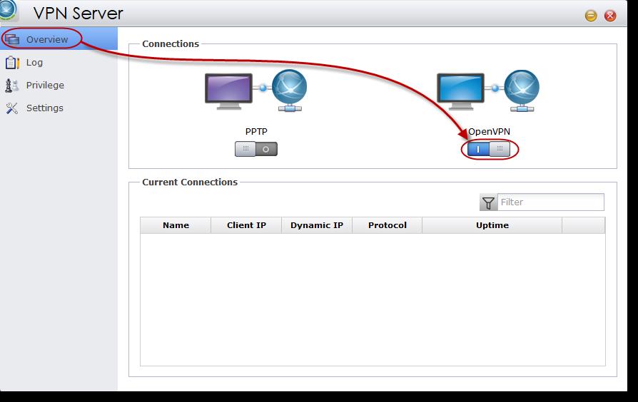 1.2 Povolení a nastavení OpenVPN připojení Povolení služby OpenVPN: V záložce [Overview] klikněte na tlačítko pod nápisem [OpenVPN] pro povolení této služby.