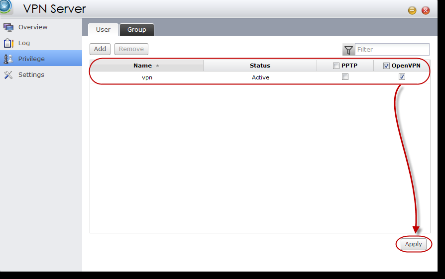 Zaškrtněte políčko [OpenVPN] a klikněte na [Apply]. Nyní, uživatel vpn může použít připojení OpenVPN. Pokročilé nastavení: Klikněte na [Settings] [OpenVPN].