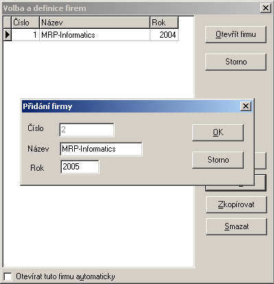 Nastavení 17 Volba a definice firem. Číslo Název Rok Otevírat tuto firmu automaticky Číslo firmy je přiděleno automaticky po jejím vytvoření. Nelze jej měnit.