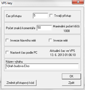 Nastavení: Po kliknutí na tlačítko Nastavení se zobrazí okno, ve kterém lze nastavit: Čas přístupu (v rozmezí 3 až 120 sec) je doba, po kterou jsou aktivována výstupní relé daným klíčem.