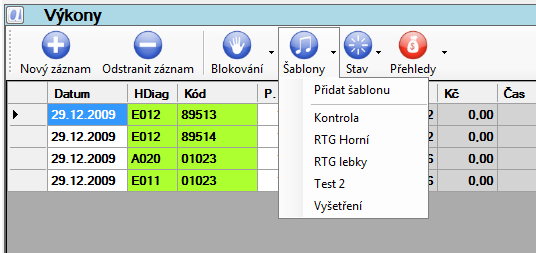 Šablony kódů Pro rychlejší práci s opakující se skupinou kódů slouží tlačítko Šablony.