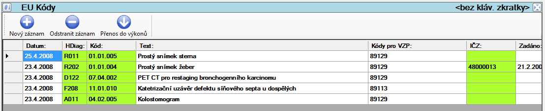 EU kódy Pro RTG zařízení je k dispozici okno, ve kterém lze pořizovat tzv EU kódy a automaticky je přenášet do běžných výkonů či poukazů.