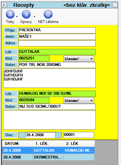 Recepty Pro účeky vystavení a evidence receptů je možno použít okno Recepty. Příjmení,jméno a adresa se přebírají s Osobního nastavení.