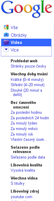 Google videa V levém panelu přepneme na Videa Prohledat web / stránky