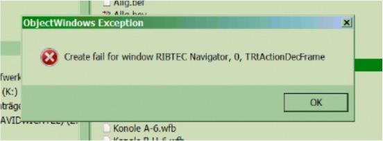 9.2 Problémy se startem Navigátoru RIBTEC Pokud se při startu Navigátoru vyskytne následující chyba: Create fail for window RIBTEC Navigator, 0, TRtAction- DecFrame pak lze tuto odstranit tímto