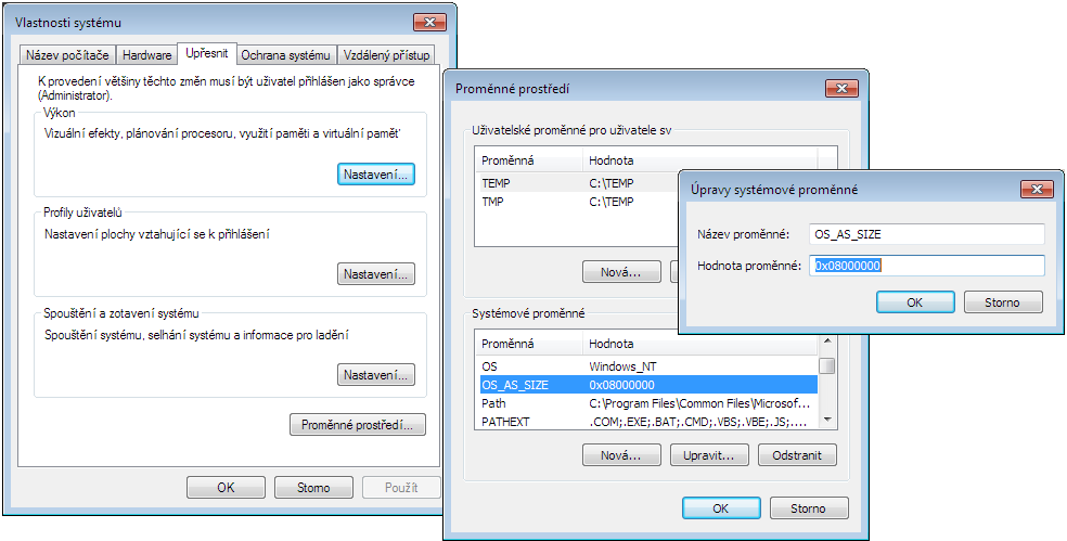 Upřesnit pak Proměnné prostředí > Systémové proměnné nová proměnná OS_AS_SIZE s hodnotou 0x08000000. Restart počítače není po této operaci obvykle nutný. 11 Poznámka k RIBtec BEST 15.