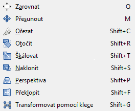 Obrázek 17: Nástroje obsažené v položce nástroje transformace.