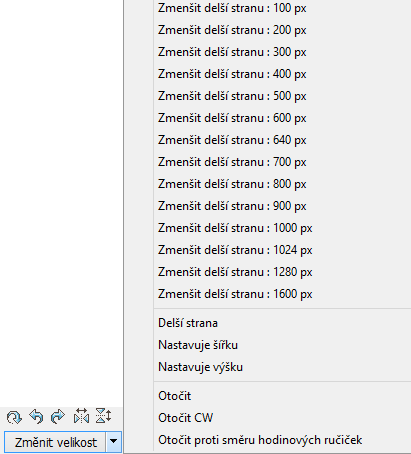 Obrázek 19: Obsah rolety nabídky změnit velikost a ovládací prvky rotace.