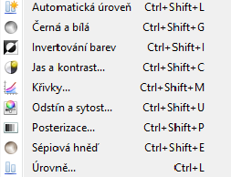 a jednotlivých kanálů RGB modelu) snímku pomocí nástroje úrovně, úpravy jasu a jednotlivých složek RGB modelu barevnou křivkou pomocí nástroje křivky, redukci počtu použitých barev ve snímku pomocí