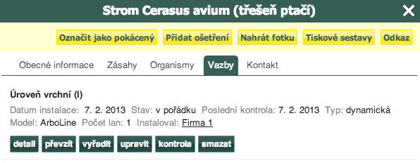 Ostatní možnosti U stromů s vazbami mohou registrovaní uživatelé portálu provádět dle oprávnění ještě následující operace: Vyřadit provádí se v případě, kdy je vazba odstraněná za účelem instalace