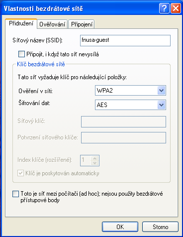 2. Na záložce Bezdrátové sítě klikněte na Přidat 3. Záložka Přidružení Síťový název (SSID): fnusa-guest Ověření v síti: WPA2 Šifrování dat: AES 4.