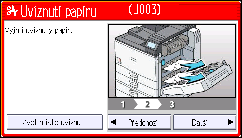 3. Odstraňování problémů 2. Po každém kroku stiskněte položku [Další]. K předchozímu kroku se vracejte stisknutím [Předchozí]. 3. Po úplném odstranění uvízlého papíru obnovte původní stav tiskárny.