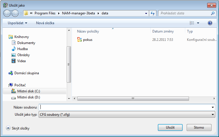 Nabídka Menu Uložení / Soubor (disk) Uložení konfiguračních dat do souboru na lokální disk. Zobrazí se okno pro zadání názvu ukládaného souboru.