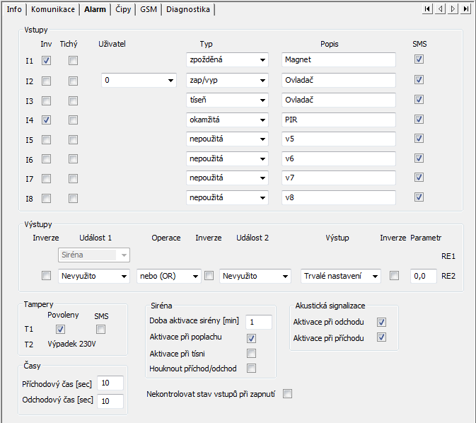 REGGAE Alarm Záložka je přístupná jen u REGGAE alarm. Vstupy Nastavení funkcí jednotlivých vstupů.