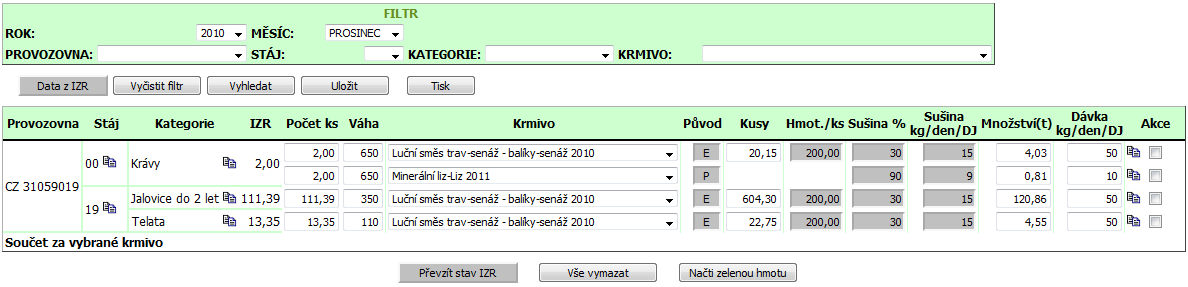 zvířat provedu pomocí tlačítka Data z IZR = obdoba nápočtu produkce statkových hnojiv. 4. Dále mohu přidat další kategorie zvířat, které v IZR evidovány nemám (např. koně). 5.