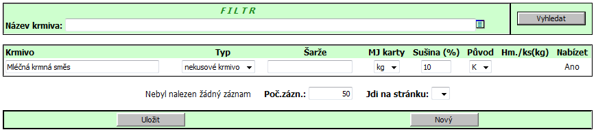 K tomu použiji odkaz Skladové karty Správa číselníku krmiv/produktů, kam vyplním: název vlastního produktu, zda se jedná o kusové krmivo, nekusové krmivo či ostatní produkt (za ostatní produkt se