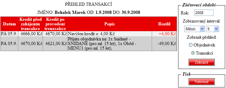 OBRÁZEK 6: PŘEHLED TRANSAKCÍ ZMĚNA REGISTRAČNÍCH ÚDAJŮ Výběrem této položky Změna registračních údajů z menu se dostanete k formuláři pro změnu uživatelského jména a hesla.