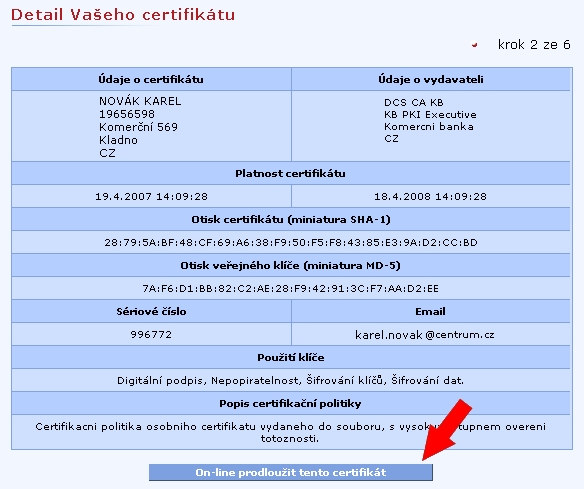 7. v detailu certifikátu zvolte tlačítko On-line prodloužit