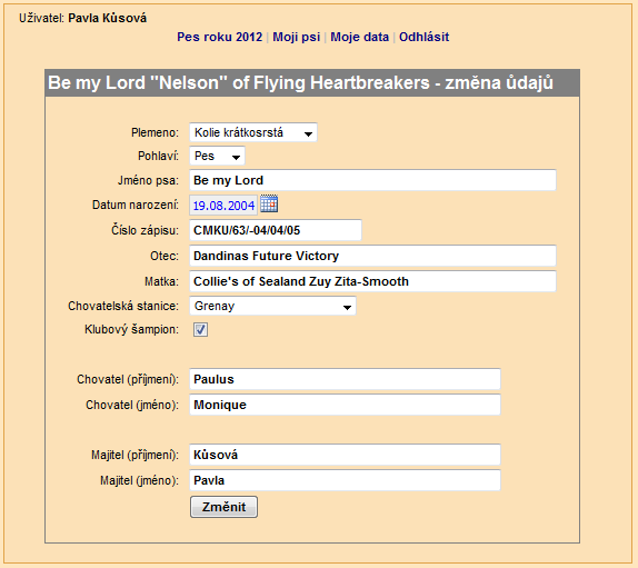 Obr 15: Zobrazení přidaného psa v nabídce Moji psi. Potřebujeme-li údaje o psovi změnit, klikneme 1x na ikonku tužky v sekci Akce (po najetí myší na tuto ikonku se zobrazí nápis Změnit údaje o psovi).