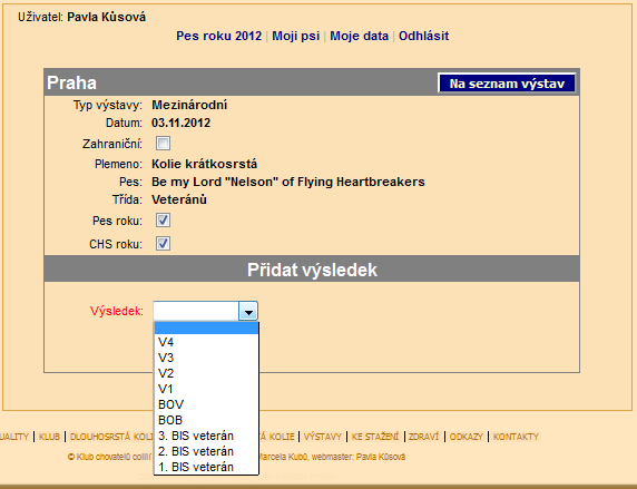 Obr 24: Tabulka pro výběr výsledku. Otevře se možnost vybrat výsledky z dané výstavy.