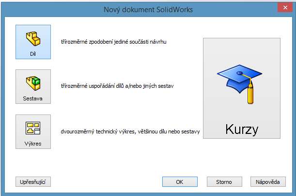 6. Pracovní prostředí Pracovní prostředí SOLIDWORKS uvidíme po otevření nového souboru po spuštění programu. Pro vytvoření nového modelu součásti zvolíme z nabídky okna Nový příkaz Díl.