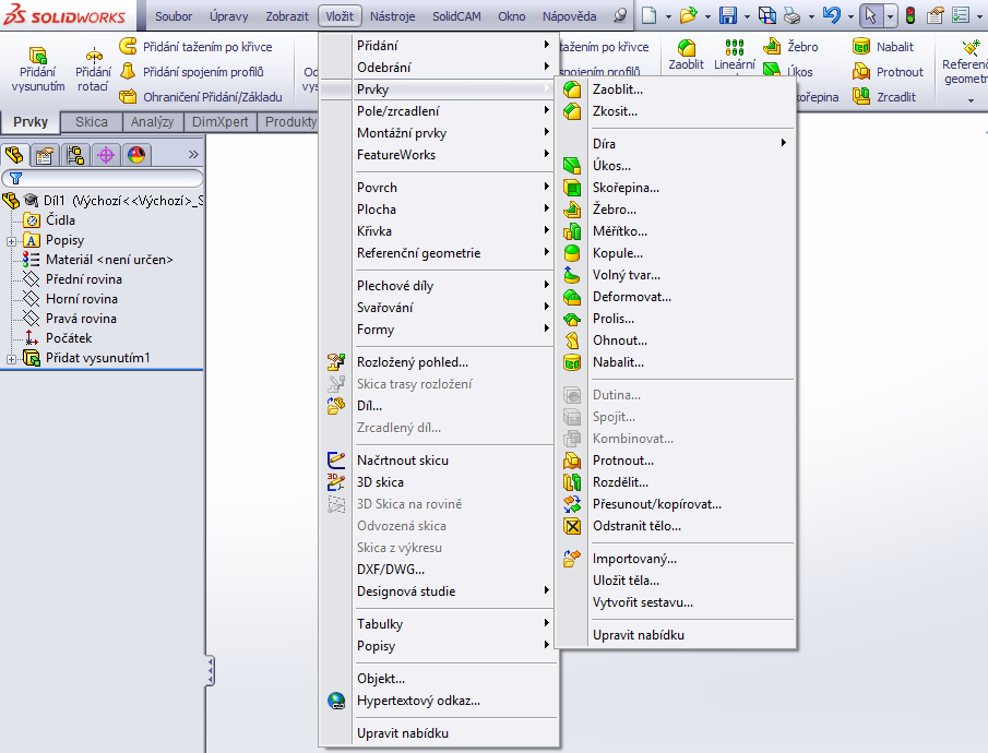 7.5 CommandManager Je sada ikon, které jsou rozděleny do záložek a jsou zaměřeny na určité úlohy. Ve výchozím nastavení je pět záložek a to Prvky, Skica, Analýzy, DimXpert a Produkty Office.