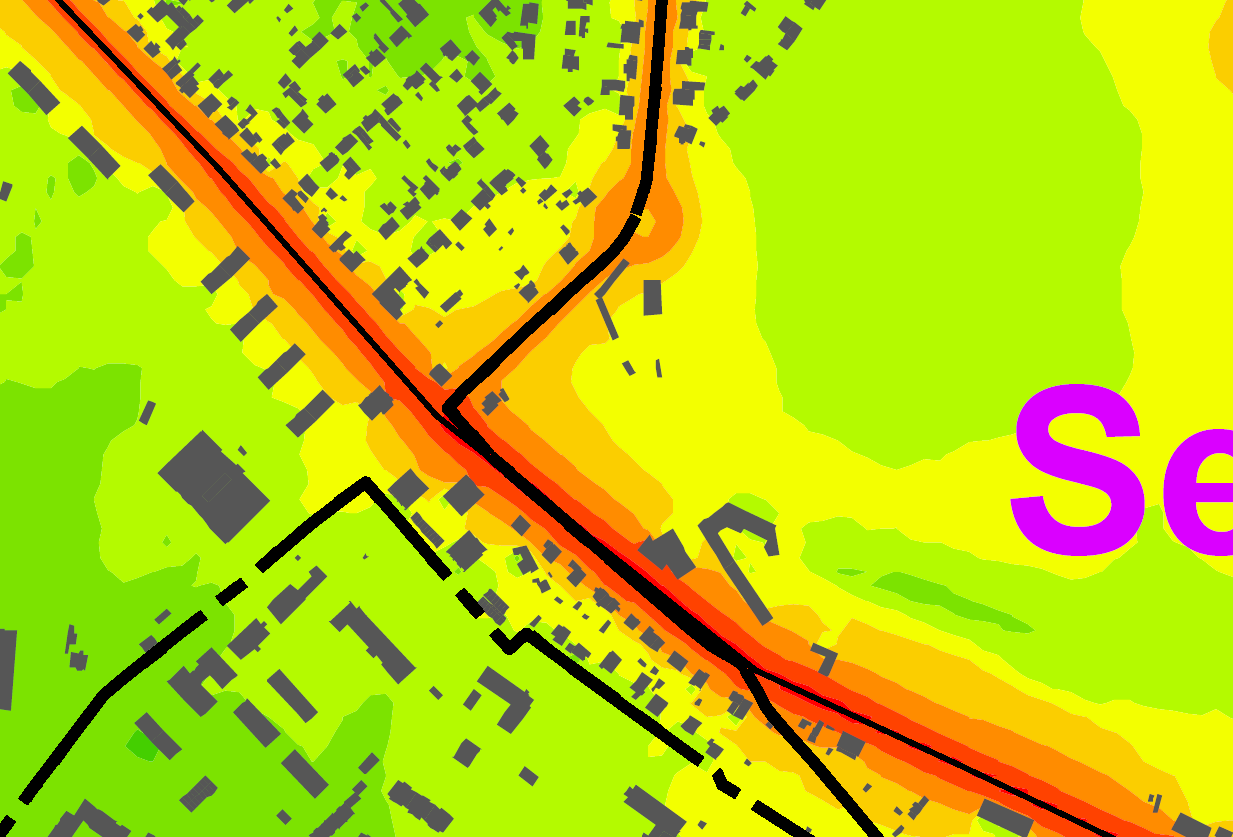 12 Příloha 4 Koncept ÚPP VVURÚ. Hluková mapa současný stav (nahoře) a stav k roku 2020. Chybí vyznačení zástavby se 106 byty včetně protihlukové stěny délky 110m.