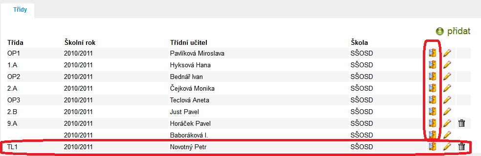 Obrázek 43: Nová třída Nově založené třídy si můžete všimnout na obrázku (viz Obrázek 43: Nová třída), vedle již vysvětlovaných ikonek pro editaci a mazání přibyla jedna nová.