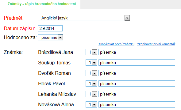 Obrázek 55: Přehled známek z matematiky Po výběru předmětu následuje samotné hodnocení studentů. Zápis známek zde můžete provádět dvěma způsoby.