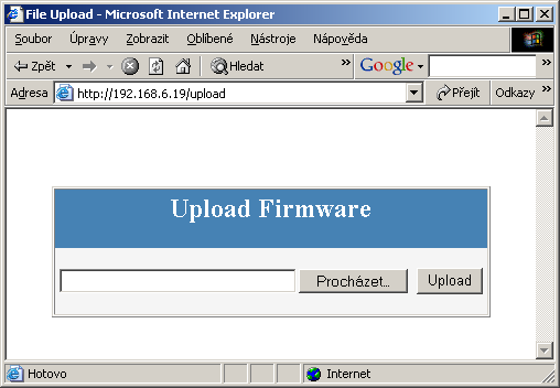 Update Firmware přes WEB Firmware jako.hwg soubor nahrajete přes http na http://x.x.x.x/upload/. Během přenosu souboru nesmí dojít k výpadku spojení atd.