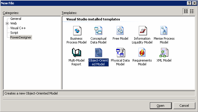 Obrázek 7-2 - Vytvoření nového PD modelu přímo v prostředí MS Visual Studia. Zdroj: [Sybase, 2010] Další možností je vytvoření modelů přímo v CASE nástroji a jejich následné manuální nahrání do IDE.