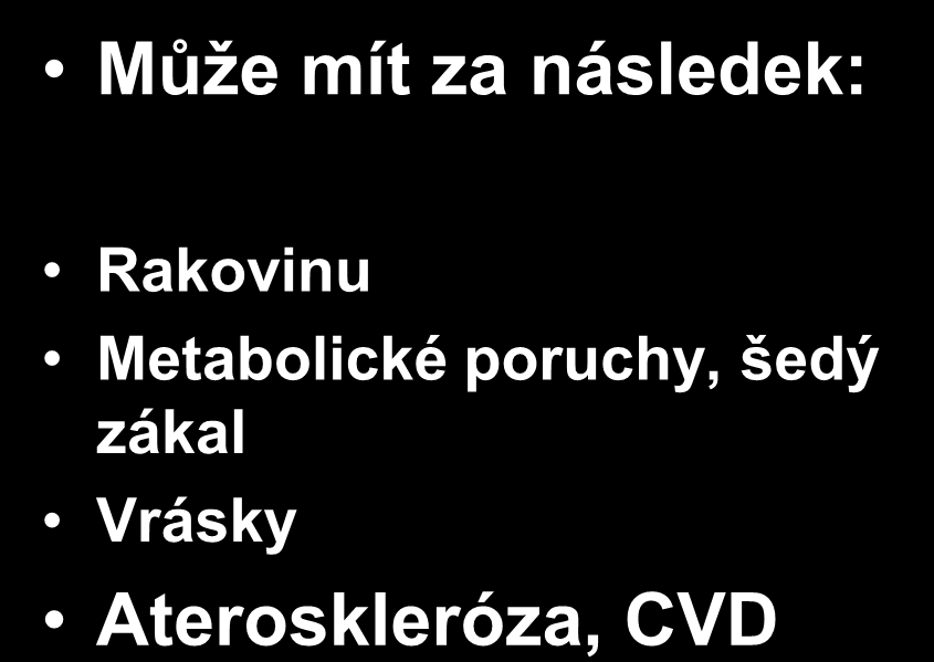 Poškození od ROS Poškozuje: Může mít za následek: DNA Proteiny Lipidy